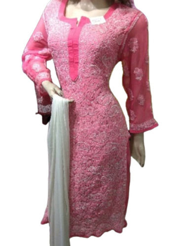 Pink 14-15Cm Trendy Long Breathable Washable Classy Modern Cotton Chikan Kurti 