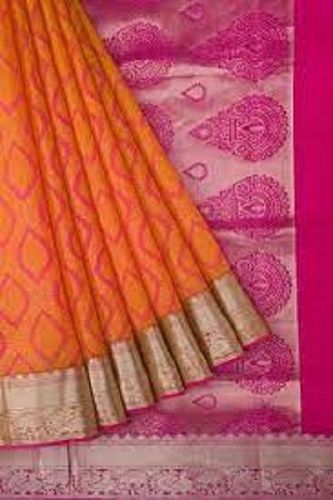 Ladies Orange With Pink Traditional Wear Silk Saree
