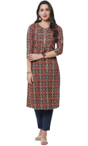 Regular Fit Round Neck 3/4th Sleeves Printed Cotton Kurti For Ladies