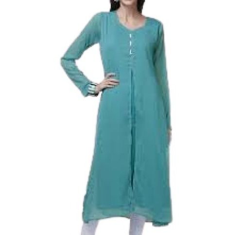 Ladies Plain Full Sleeve Light Blue Casual Wear Chiffon Kurti Decoration Material: Beads