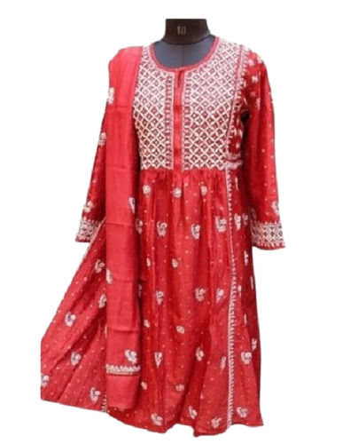 Ladies Party Wear Round Neck Embroidered Cotton Anarkali Kurti