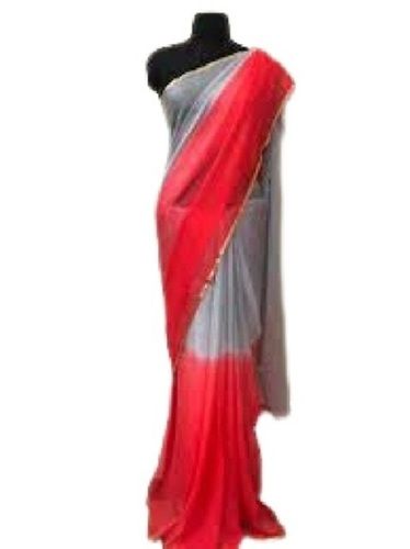 Summer Ladies Plain Red With Grey Casual Wear Silk Saree 