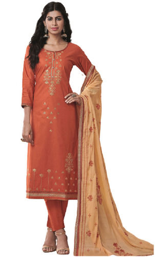 3-4th Sleeve Cotton Silk Round Neck Embroidered Salwar Kameez