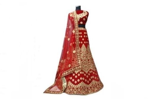 Red Sleeveless Indian Velvet Embroidered Bridal Lehenga