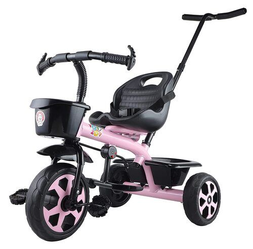 Black And Pink Tricycle With Dual Storage Basket For Kids