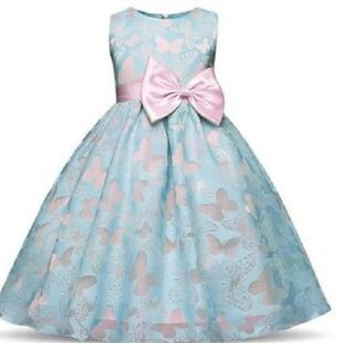 Girls Party Wear Sleeveless Round Neck Printed Silk Frock