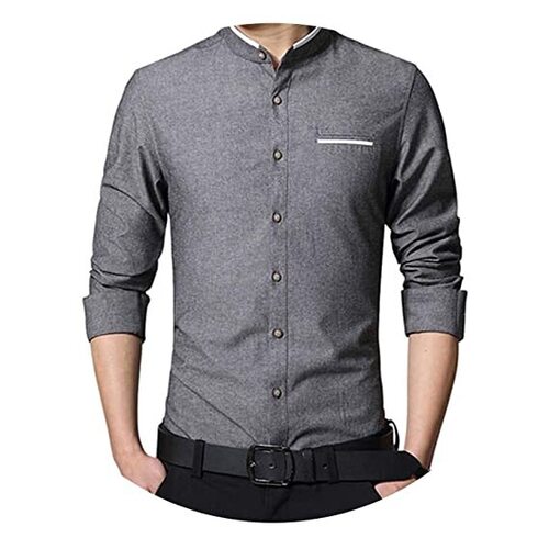 Men's Casual Long Sleeve and Mandarin Collar Slim Fit Shirt - Cotton Batik Fabric, Grey Color, Sizes S, L, XL, XXL | Breathable, Washable, Classic Collar with Customized Logo