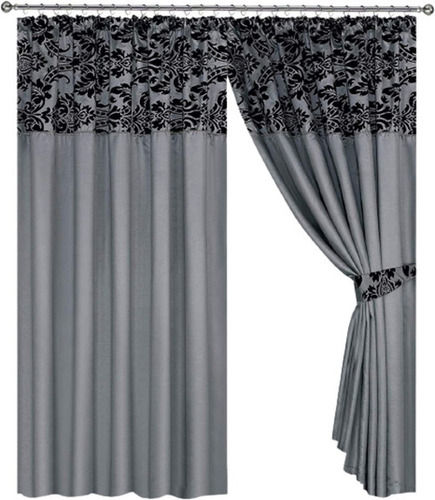 Grey And Black 6X3 Foot 42X72 Density Blackout Printed Cotton Silk Curtain For Living Room