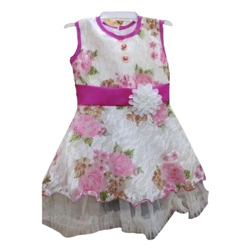 Round Neck And Printed White With Pink Sleeveless Kids Designer Frocks