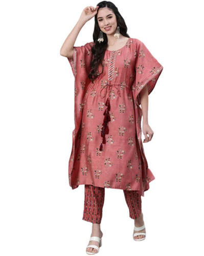 Multicolor Womens Regular Fit Short Sleeves Drawstring Closure Printed Cotton Kaftan