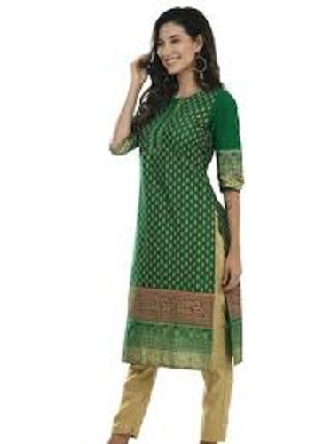 Green Women Short Sleeves Georgette Embroidered Pattern Breathable Fancy Kurti