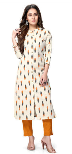 Multicolor Ladies Casual Wear 3/4Th Sleeve Mandarin Collar Neck Cotton Printed Kurti