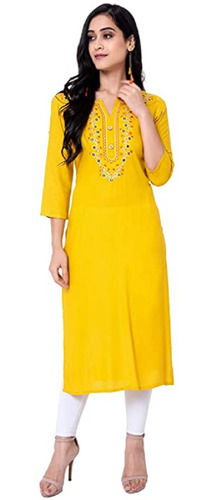 Yellow 3/4 Sleeve Embroidered Casual Wear Rayon Kurtis For Girls