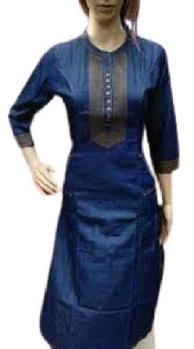 Georgette Ladies Casual Wear 3-4Th Sleeves Breathable Navy Blue Kurti