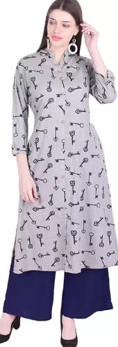 Multi Color Ladies Modern 3/4Th Sleeve Mandarin Collar Neck Cotton Printed Kurti