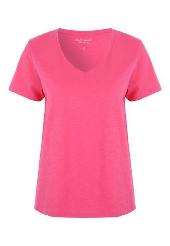 Pink A Plain Pattern V Neck Half Sleeve Cotton Regular Fit T Shirt For Women