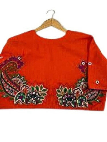 Ladies Red Silk Cotton Modern Embroidered Blouse