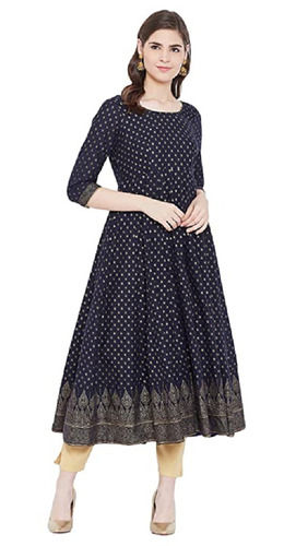 Ladies Traditional 3/4Th Sleeve Round Neck Printed Poly Silk Anarkali Kurti Bust Size: 32 Inch (In)