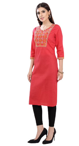 Casual Wear 3/4 Sleeves Round Neck Embroidered Cotton Kurti For Women Bust Size: 36 Inch (In)