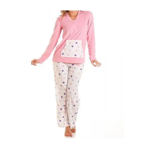 Pink With White Ladies Long Sleeve Cotton Printed Night Suit Set