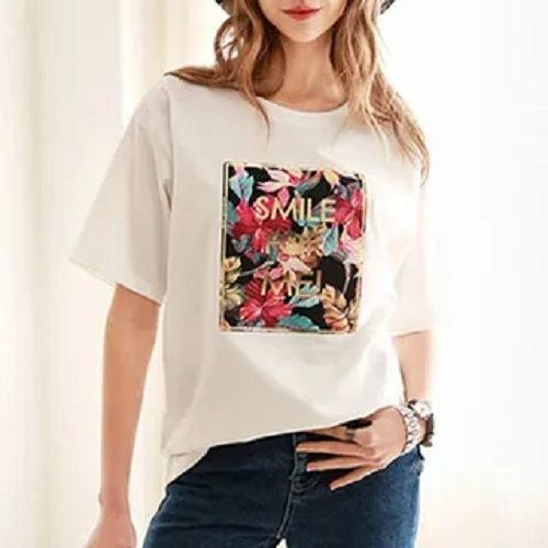 White Ladies Printed Short Sleeve Round Neck Regular Fit Cotton T Shirts