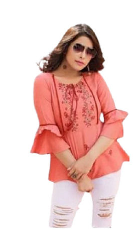 Peach Color Bell Sleeves Cotton Floral Work Causal Wear Top For Ladies