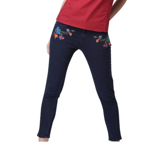 Stretchable Embroidered Casual Wear Denim Jeans For Ladies