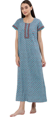 Sky Blue Round Neck Short Sleeves Cotton Printed Night Gown For Women