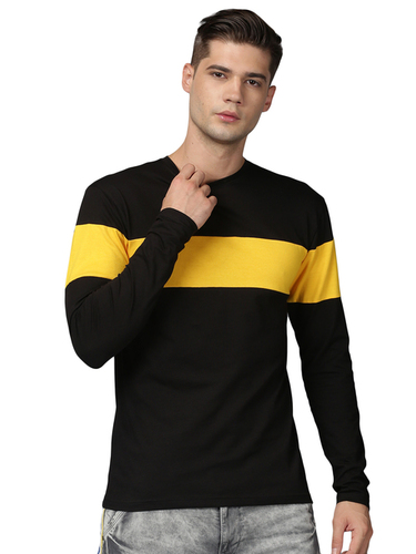 Mens Casual Round Neck T-Shirt - Regular Fit, Breathable Cotton Blend, Stylish Black and Yellow Design for 18+ Years