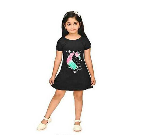 Kids Girls Short Sleeves Printed Unicorn Black Mini Frock For Parties