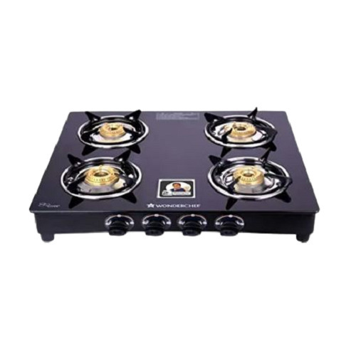 Elegant Glass Four-Burner Gas Stove - 59 x 55.5 x 11.5 cm | Antique Design, Sleek Silver Handles, Easy Mobility