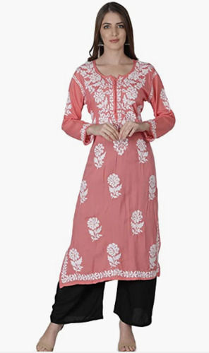 Baby Pink Comfortable Three Four Sleeve Cotton Straight Chikan Embroidered Suits