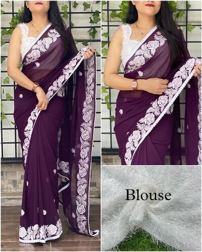 Women Designer Fancy Thread Work Saree with GPO Lace Blouse