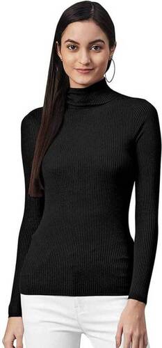 Black Full Sleeves Plain Dyed Soft And Warm Woolen Top For Women