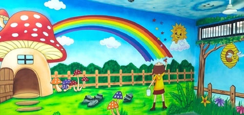 Multicolor Rainbow Theme Play School Wall Painting Services