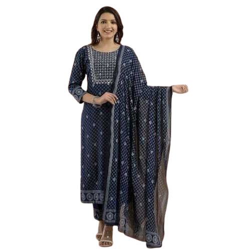 लेडीज़ रेयॉन एम्ब्रॉयडरी वर्क प्रिंटेड कुर्ता पैंट और दुपट्टा सेट (नीला) बस्ट साइज़: 38-46 इंच (इंच)