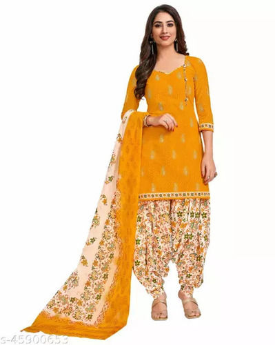 Printed Unique Pattern Jacquard Lightweight Silk Fabric Yellow Casual Salwar Suit For Ladies