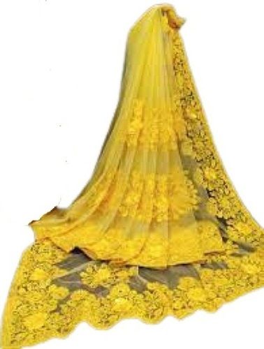 Net Ladies Party Wear Yellow Embroidered Sarees