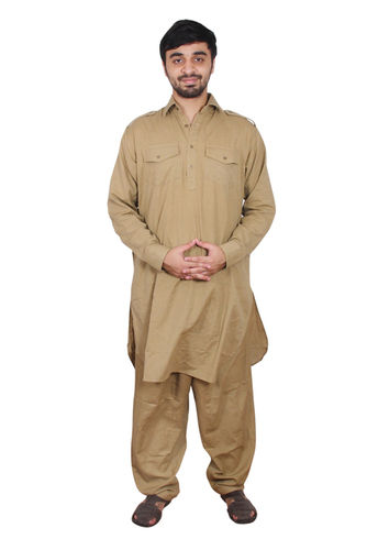 Plain Mens Cotton Linen Khaki Pathani Suit For Traditional Occasion