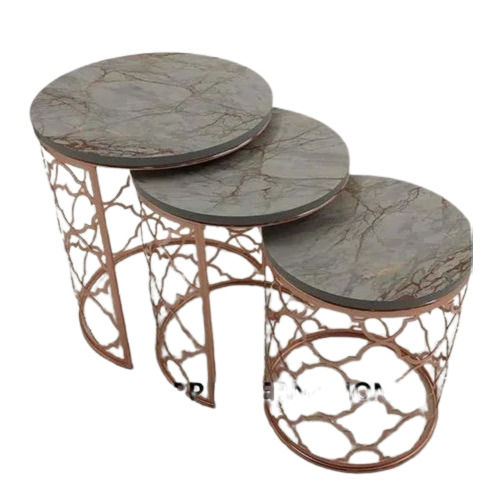 Golden Finish Based Iron Nesting Table with Marble Top Set of 3