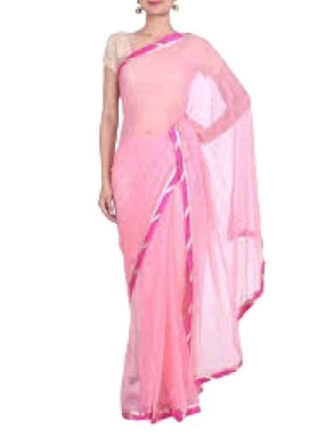 Ladies Causal Wear Pink Plain Chiffon Sarees With Attach Blouse