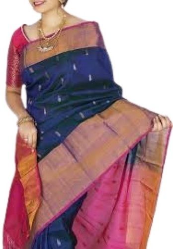 Summer Ladies Printed Blue With Pink Party Wear Cotton Silk Saree