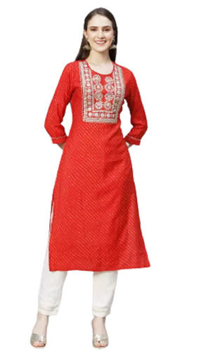 Red Ladies Printed Quarter Sleeves And Round Neck Cotton Kurti