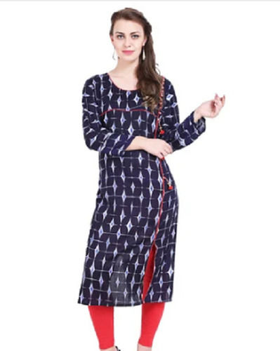 Quarter Sleeves And Round Neck Navy Blue Printed Rayon Women Kurti Decoration Material: Paint