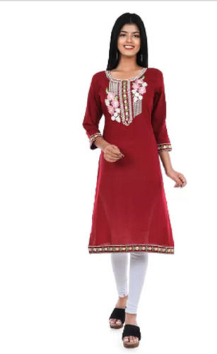 Quarter Sleeves Round Neck Cotton Red Ladies Kurtis Bust Size: 15 Inch (In)