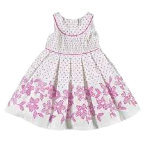 Light Pink Kids Modern Wear Printed Round Neck Sleeveless Cotton Frocks