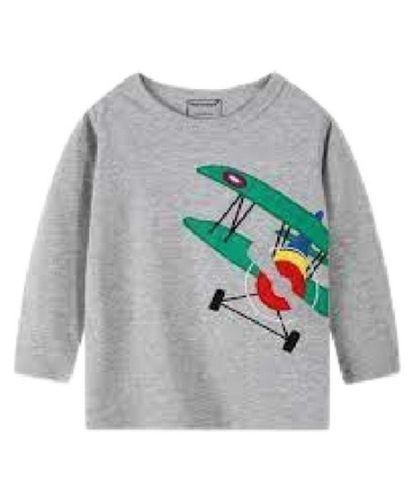 Washable Kids Round Neck Full Sleeve Printed Grey T Shirt