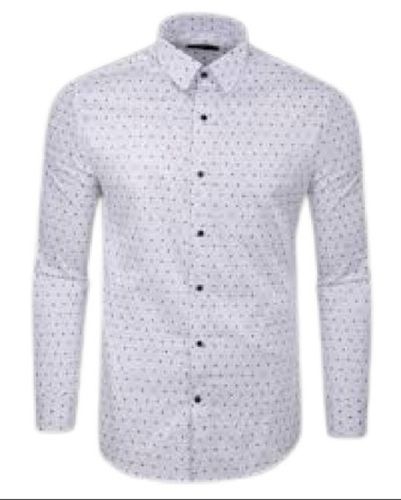 White Mens Straight Collar Full Sleeve Floral Printed Cotton Shirts