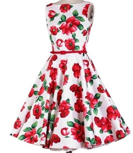 Girls Printed White With Red Sleeveless Breathable Cotton Frock Bust Size: 26 Inch (In)