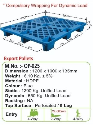 Blue 1200*1000*125 4 Way Hdpe Plastic Pallets For Dynamic Load